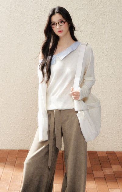 White Oblique Shoulder Shirt Sweater SHI0188