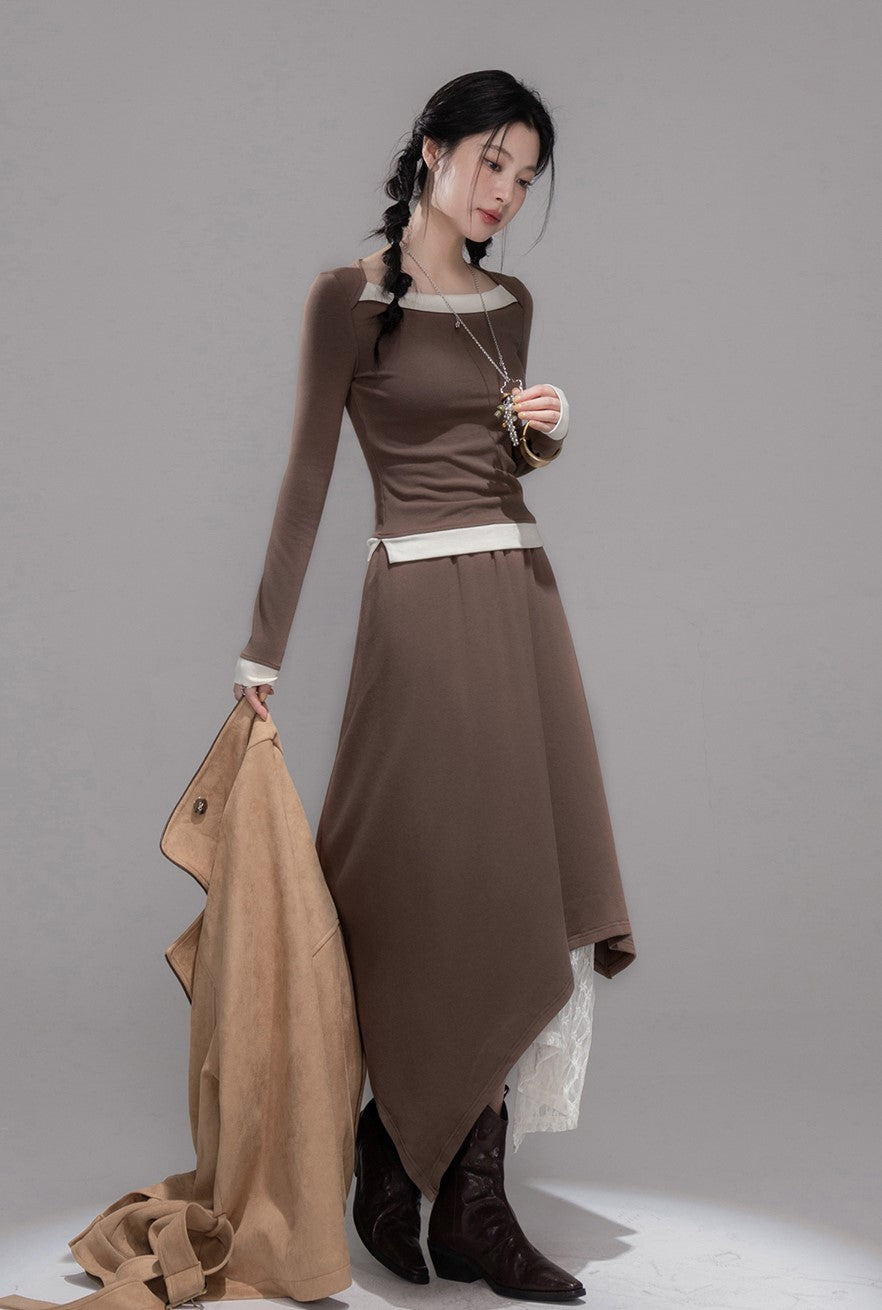 White Milk Coffee Contrast Top+Skirt COT0359