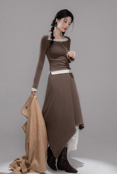 White Milk Coffee Contrast Top+Skirt COT0359