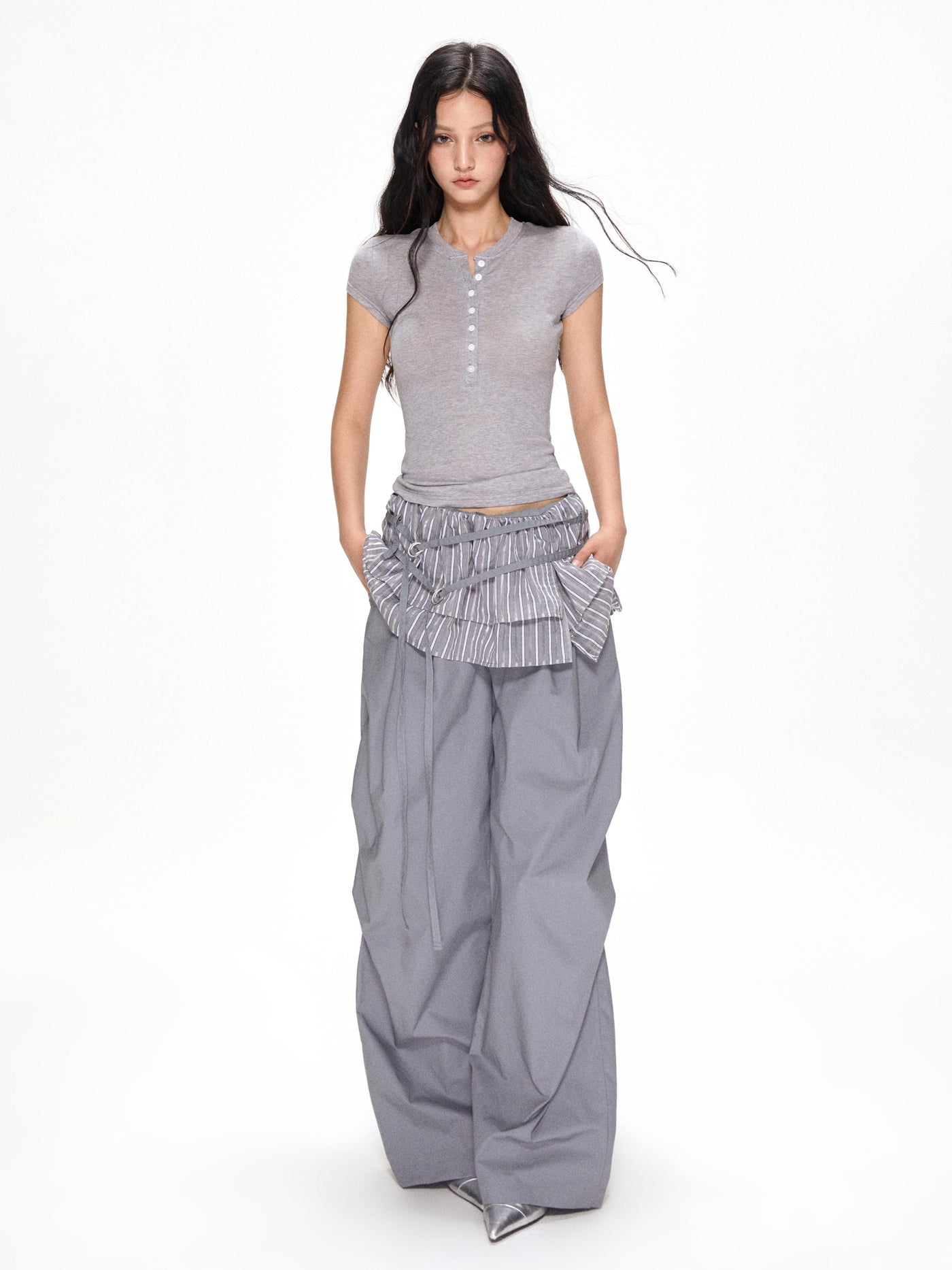 Satin Ruffled Casual Straight Pants APE0392