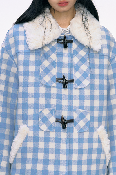 Fur Collar Horn Button Blue Plaid Cotton Coat PUN0031