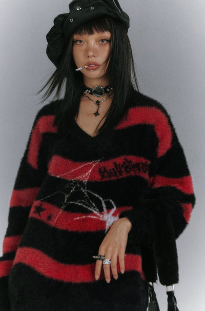 V-neck Spider Loose Striped Sweater KIN0147