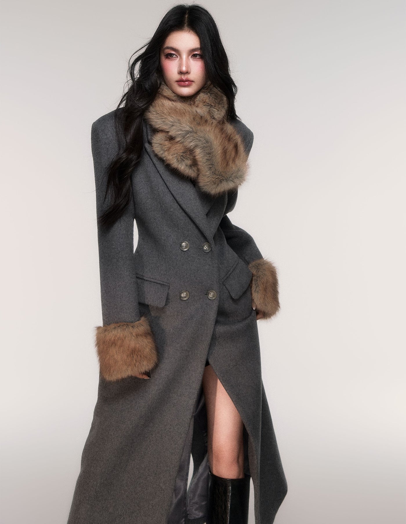 Grey Detachable Scarf Long Coat LUL0207