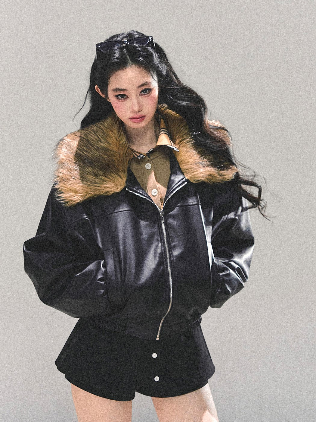 Black Large Lapel Leather Jacket DIA0690