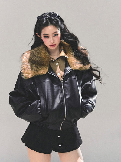 Black Large Lapel Leather Jacket DIA0690