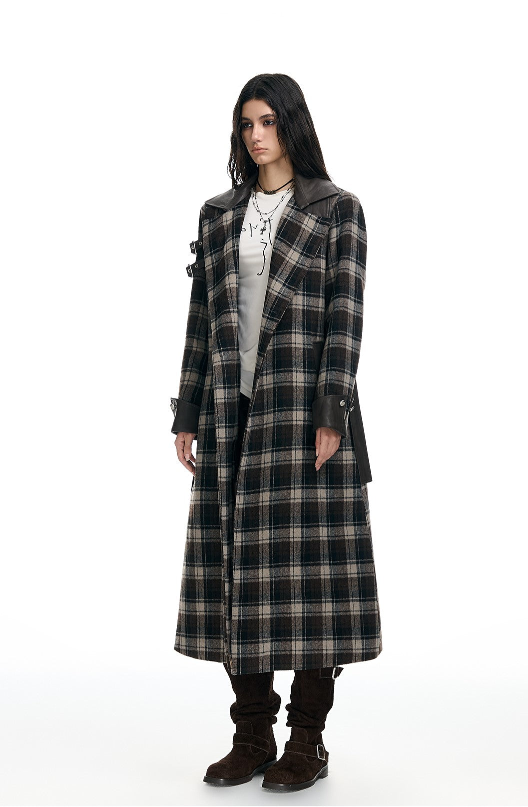 Plaid Leather Slim Mid-Length Long Coat WES0209