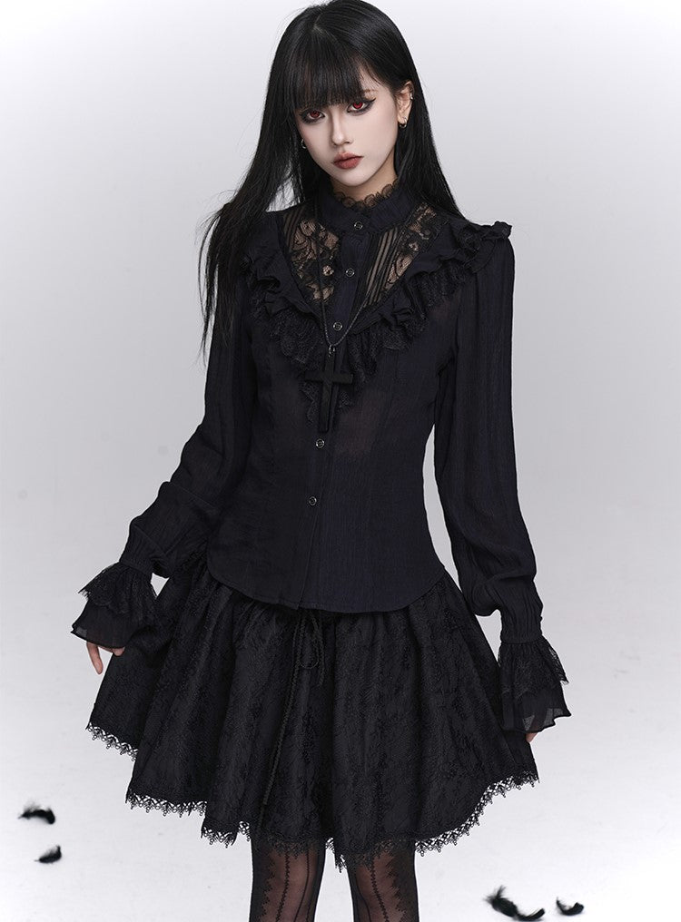 Black Long-Sleeved Lace Shirt LAD0244