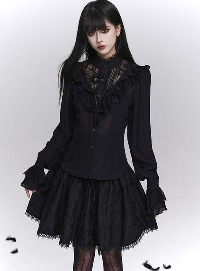Black Long-Sleeved Lace Shirt LAD0244