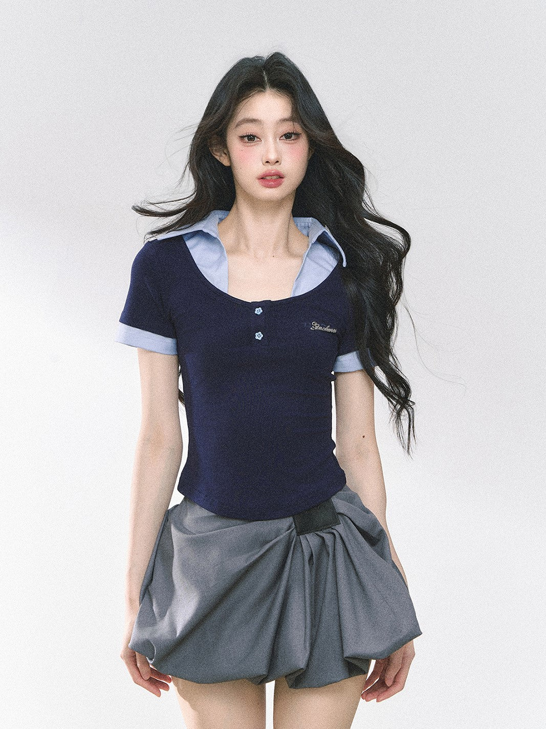 Fake Two-piece Flower Button T-shirt DIA0460