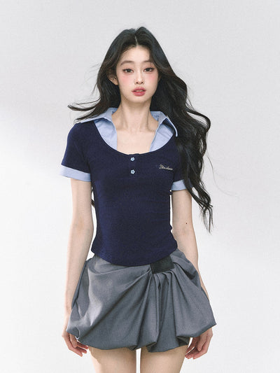 Fake Two-piece Flower Button T-shirt DIA0460