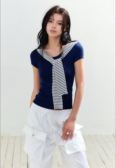 Fake Two-piece Shawl Slimming T-shirt AGM0167