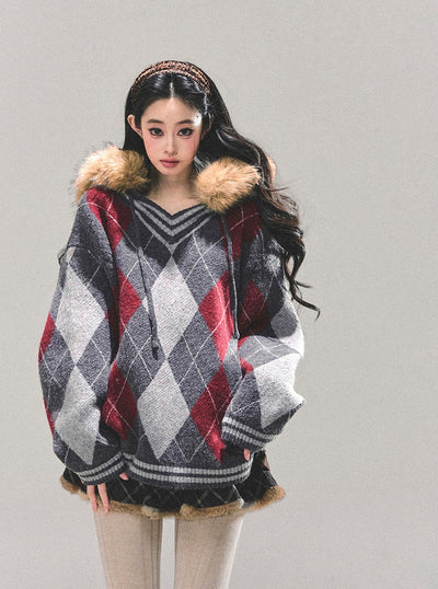 American Preppy Style Fur-Collar Argyle Sweater DIA0696