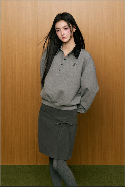 Sequined Lapel Simple Long-sleeved Silhouette Polo Collar Gray Sweatshirt AGM0085