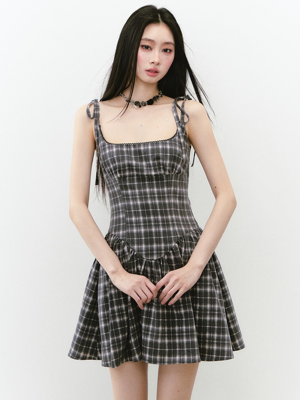 Bow Tie Plaid Suspender Dress VIA0254