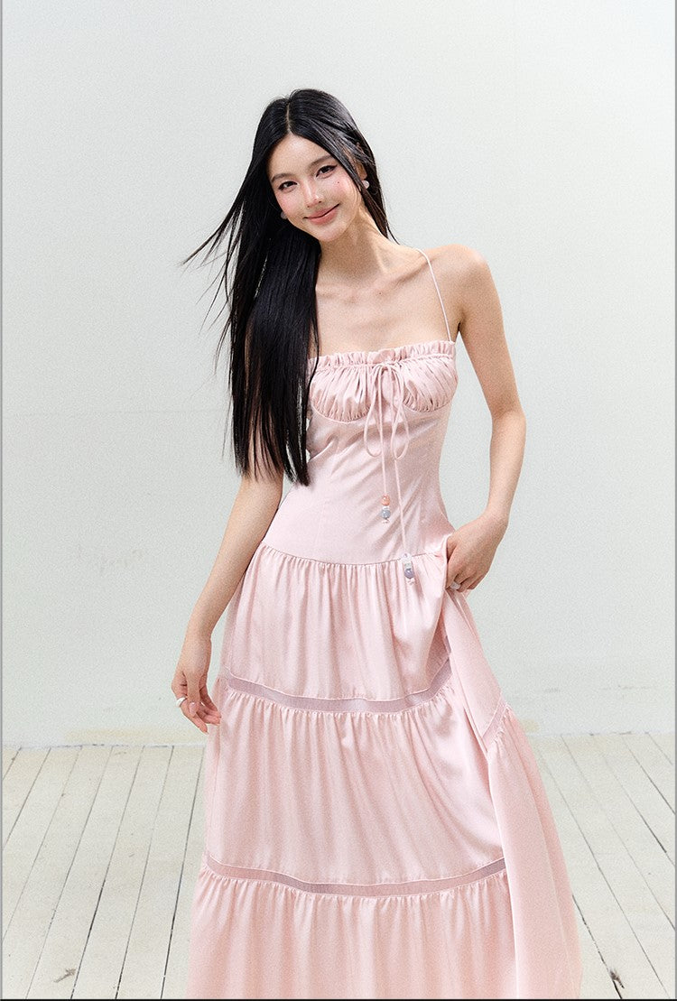 Satin Pleated Lace-up Suspender Dress AGM0150