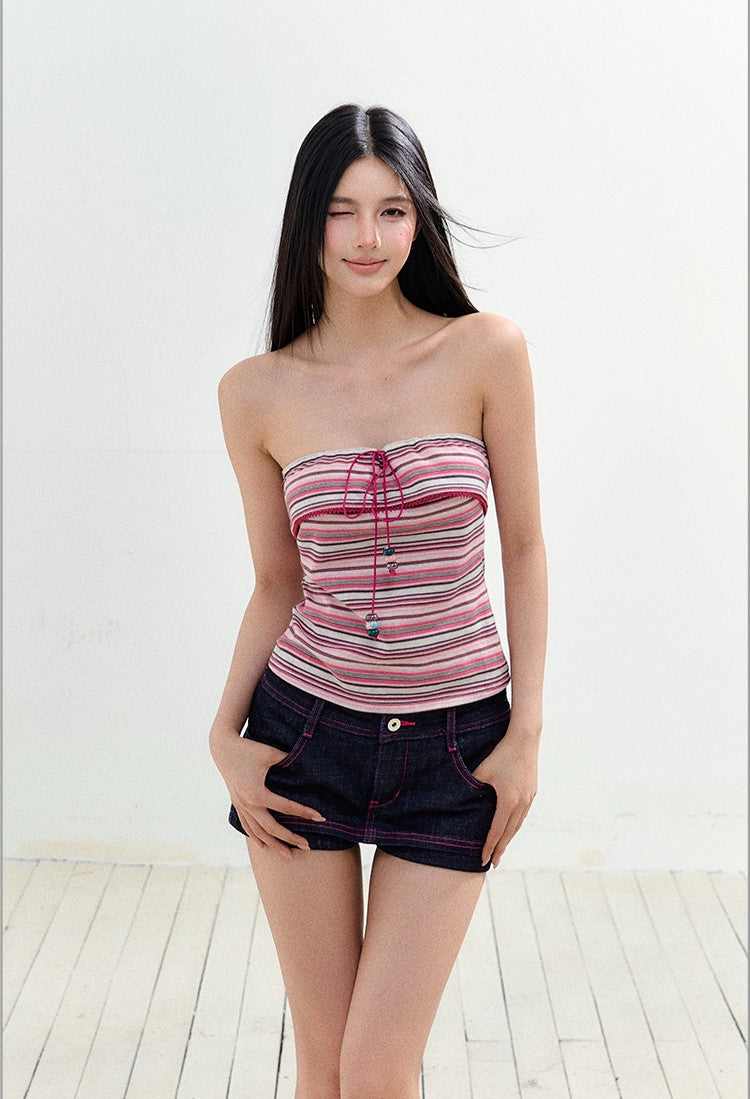 Stitching Contrast Color Denim Shorts AGM0164