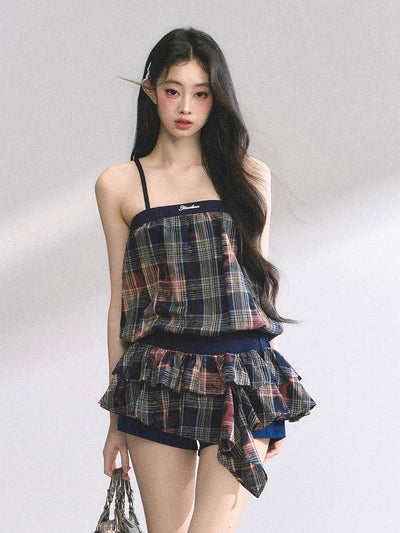 Plaid Suspender Short Dress DIA0443