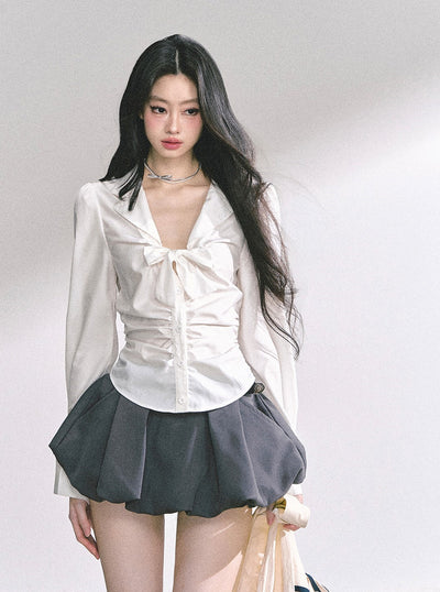 Bow Pleated Slim Shirt DIA0537