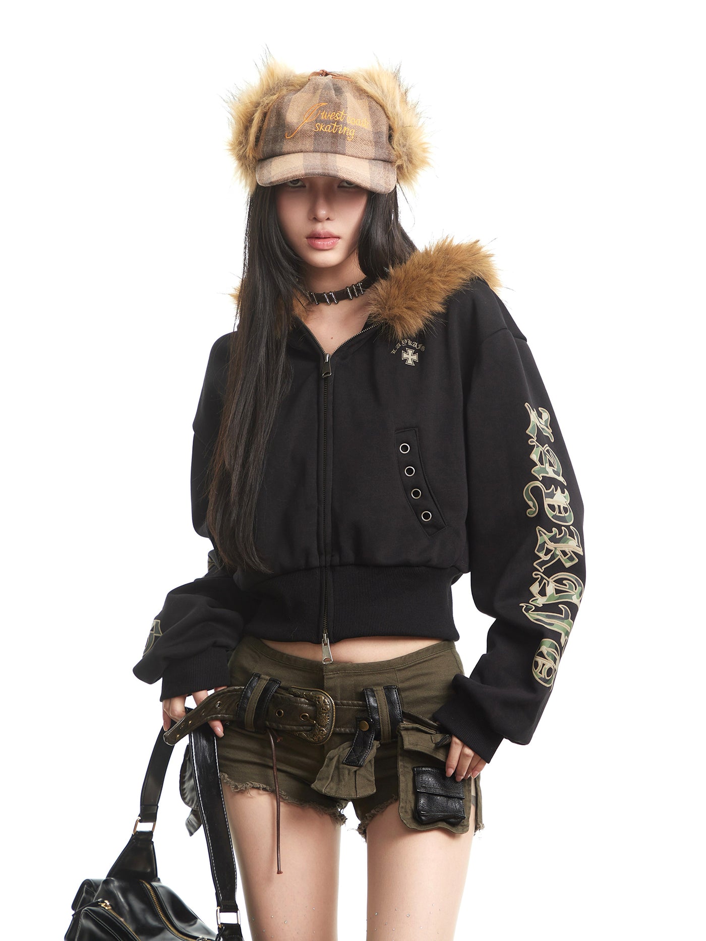 Fur Collar Long-Sleeve Hooded Sweatshirt Jacket UNC0320
