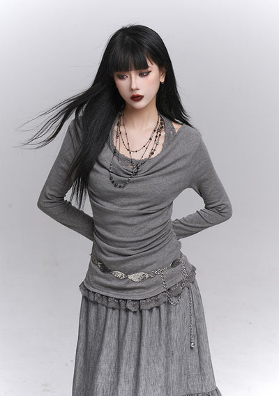 Off-Shoulder Long Sleeve Halter Neck Top LAD0231