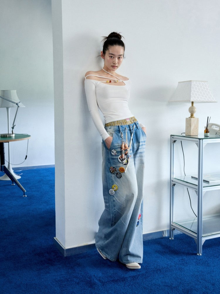 One-shoulder Beaded Strap T-shirt JIN0035