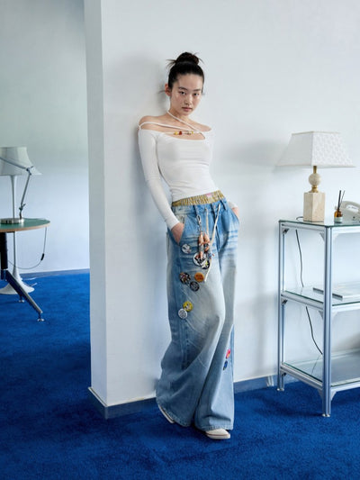 One-shoulder Beaded Strap T-shirt JIN0035