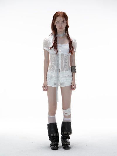 Square Collar Lace Puff Sleeve Shirt DOU0132