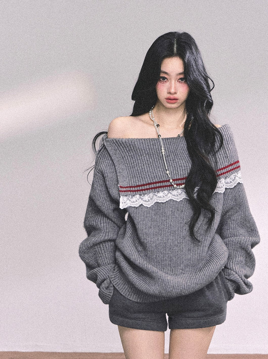 Lace Off-shoulder Loose Sweater DIA0632