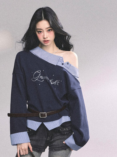 Fake Two-piece One Shoulder Plaid Sweatshirt DIA0626