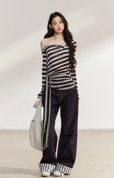 Oblique Shoulder Tie Striped T-shirt SHI0213