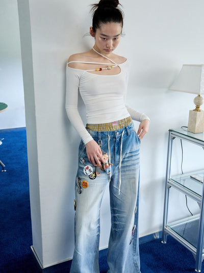 One-shoulder Beaded Strap T-shirt JIN0035