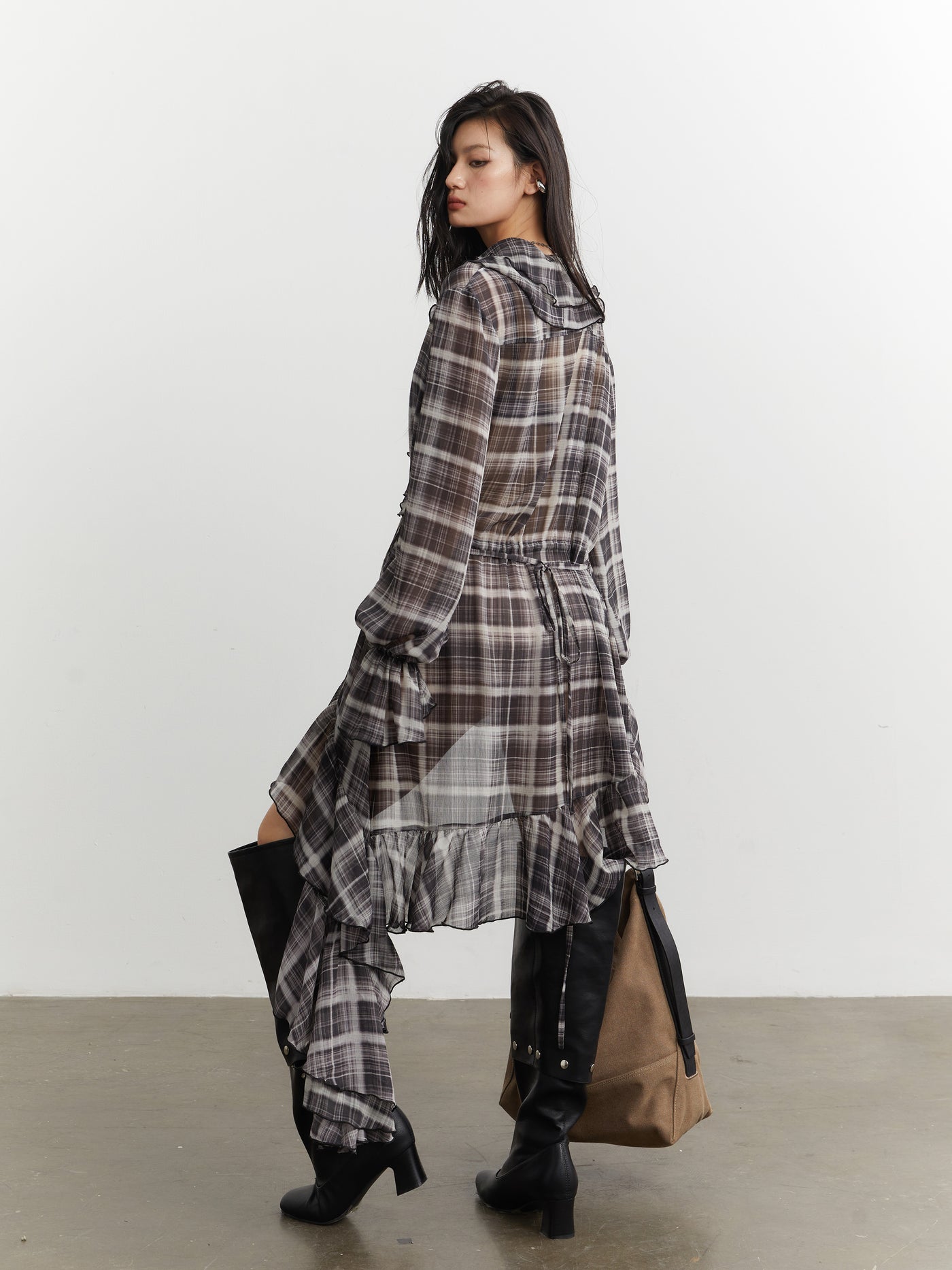Ruffled Asymmetrical Plaid Shirt Dress JNY0254