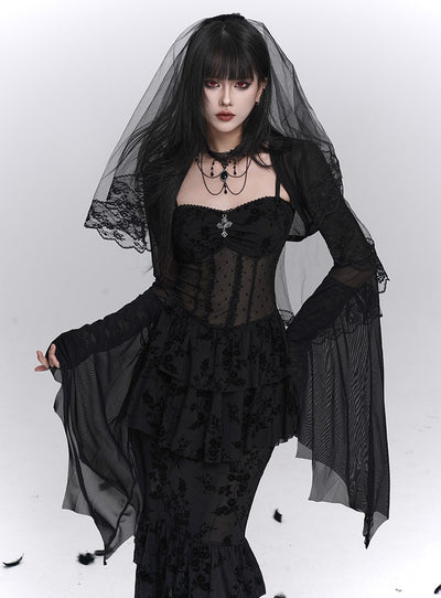 Black Fishtail Suspender Dress/Shawl LAD0242