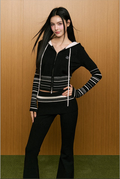 Striped Hooded Sweater Knitted Jacket/Slightly Flared Slim Fit Pants AGM0088