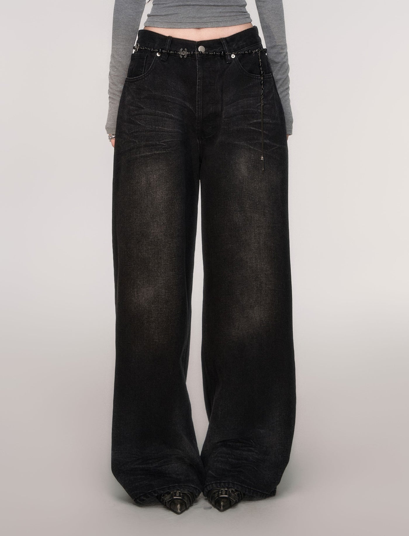 Black High-waisted Wide-leg Casual Jeans LUL0206