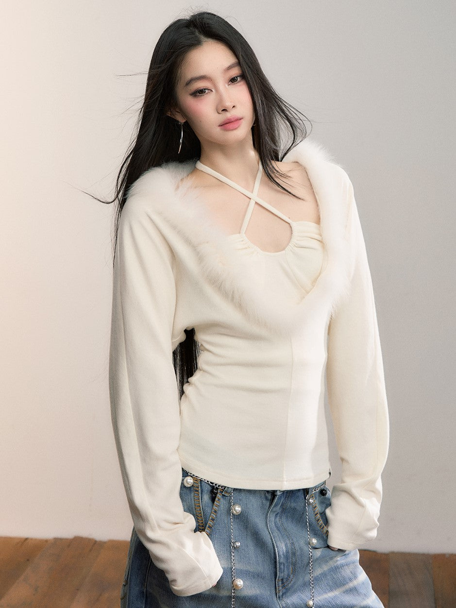 Faux Two-piece Fur Collar T-shirt VIA0359