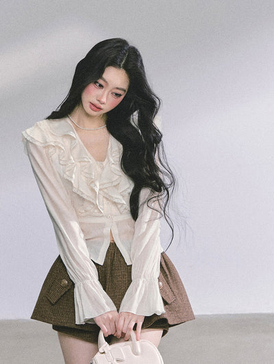 French V-neck Lace Ruffled Shirt DIA0587