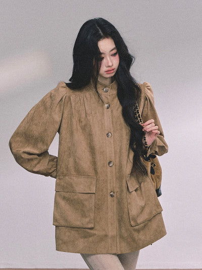 Coffee Brown Suede Stand Collar Jacket DIA0609