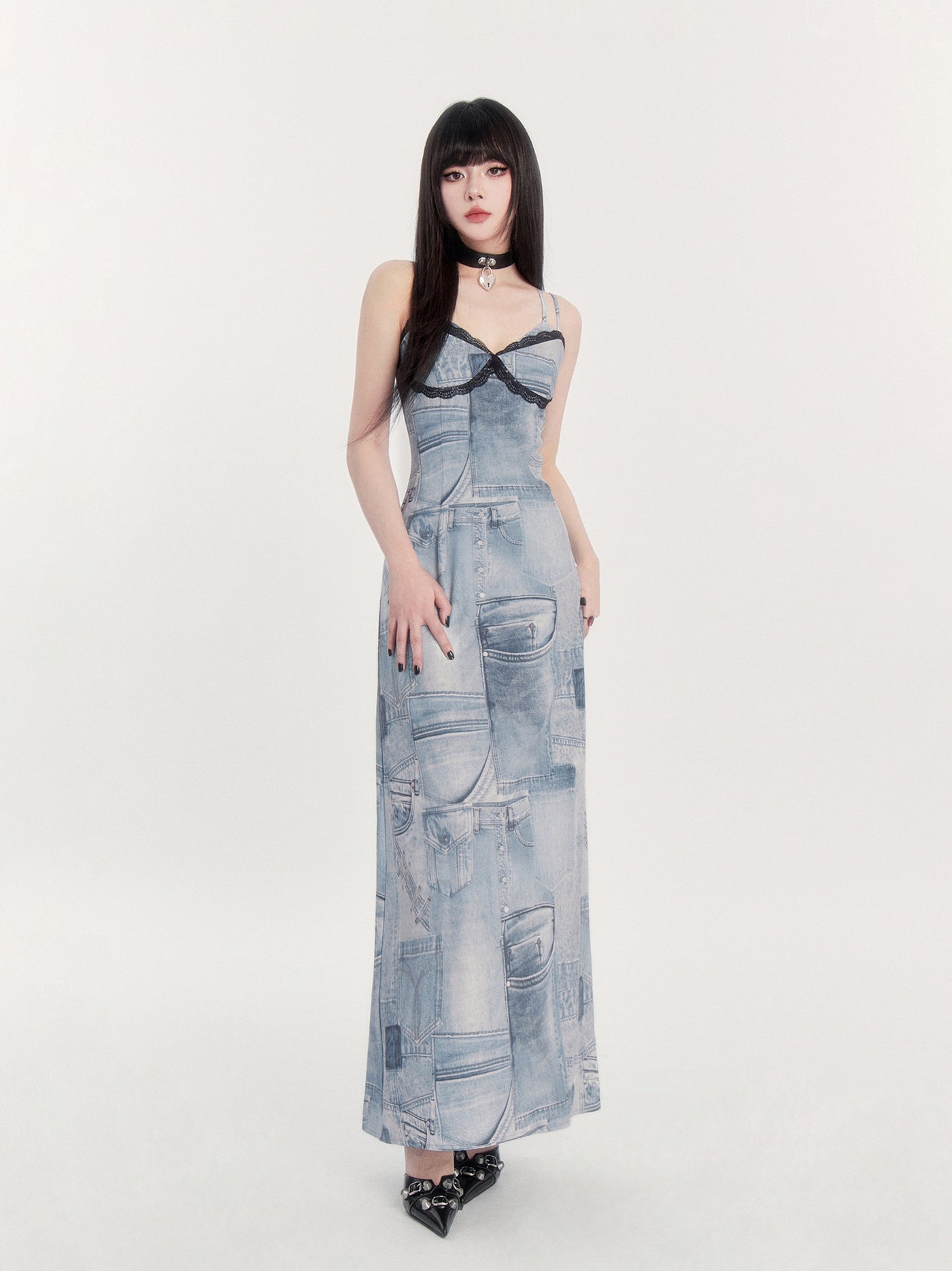 Retro Denim Print Suspender Maxi Dress VOC0410
