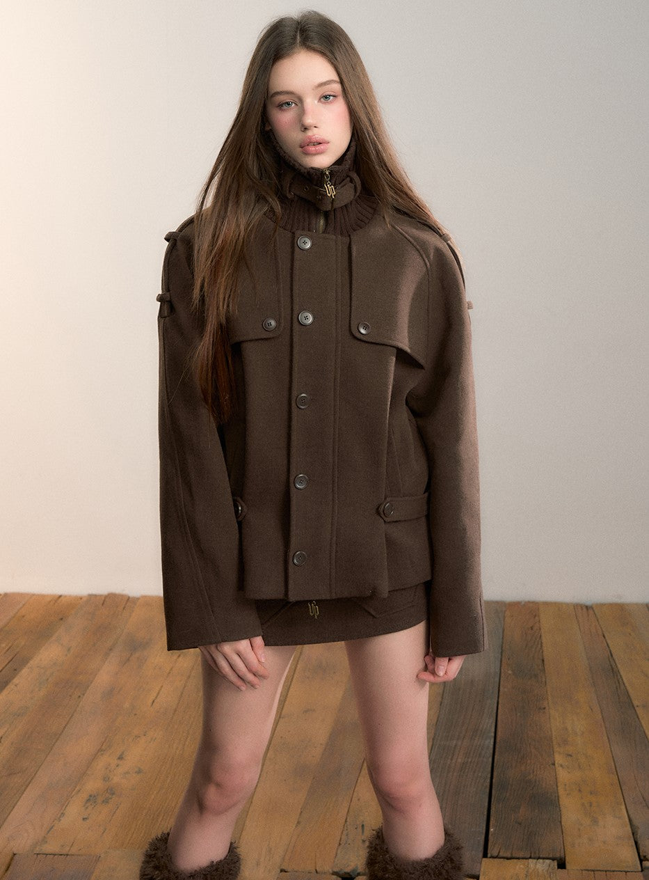 Brown High-neck Patchwork Wool Coat VIA0346