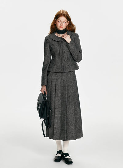 Simple Retro Tucker Line Jacket/Waist Wool Skirt BOH0089