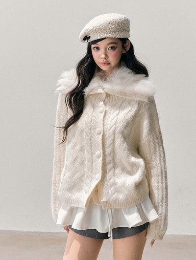 Large Fur Collar Knit Cardigan DIA0733