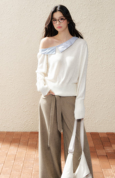 White Oblique Shoulder Shirt Sweater SHI0188