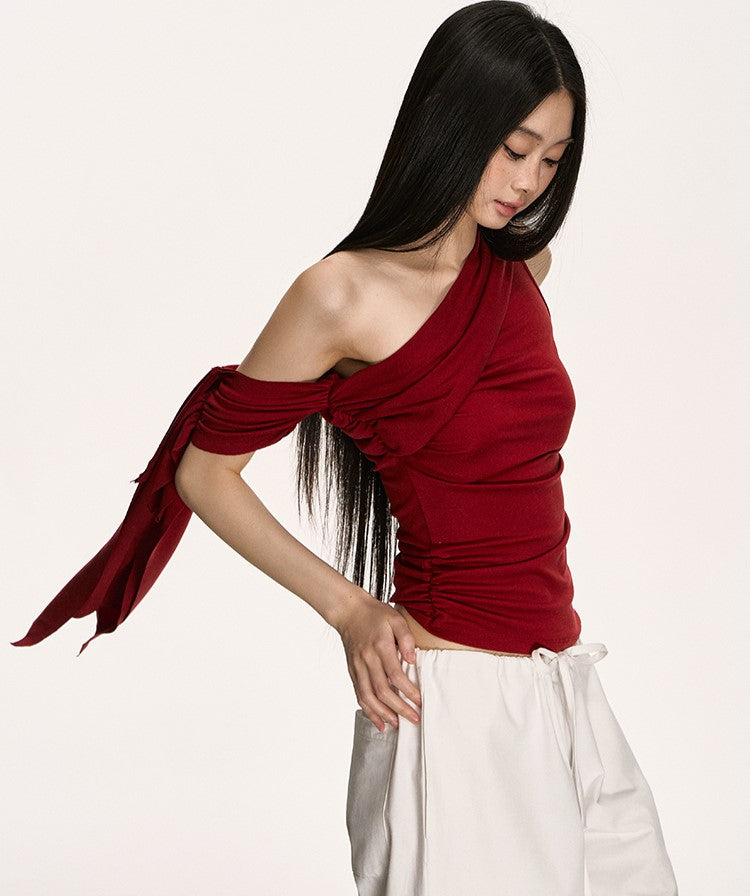 Irregular Oblique Shoulder Ribbon Red Top ANA0013