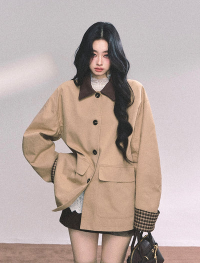 British Style Polo Collar Plaid Jacket DIA0656