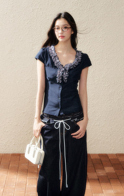 Navy Lace Short-sleeved T-shirt SHI0182