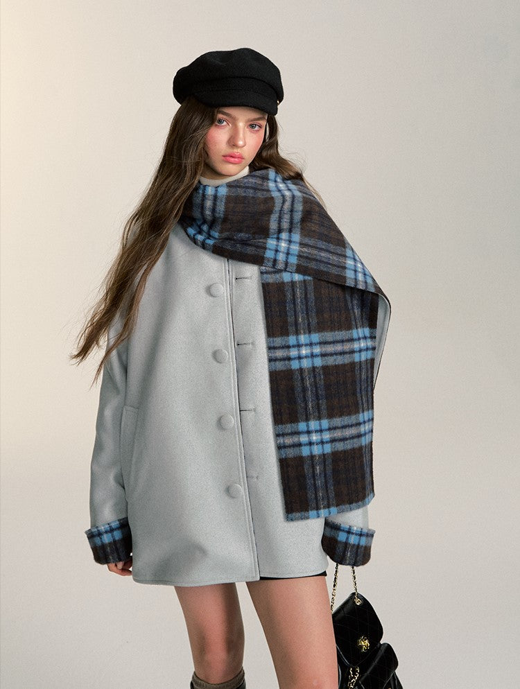 Double-sided With Scarf Retro Casual Plaid Short Woolen Coat QDQ0083