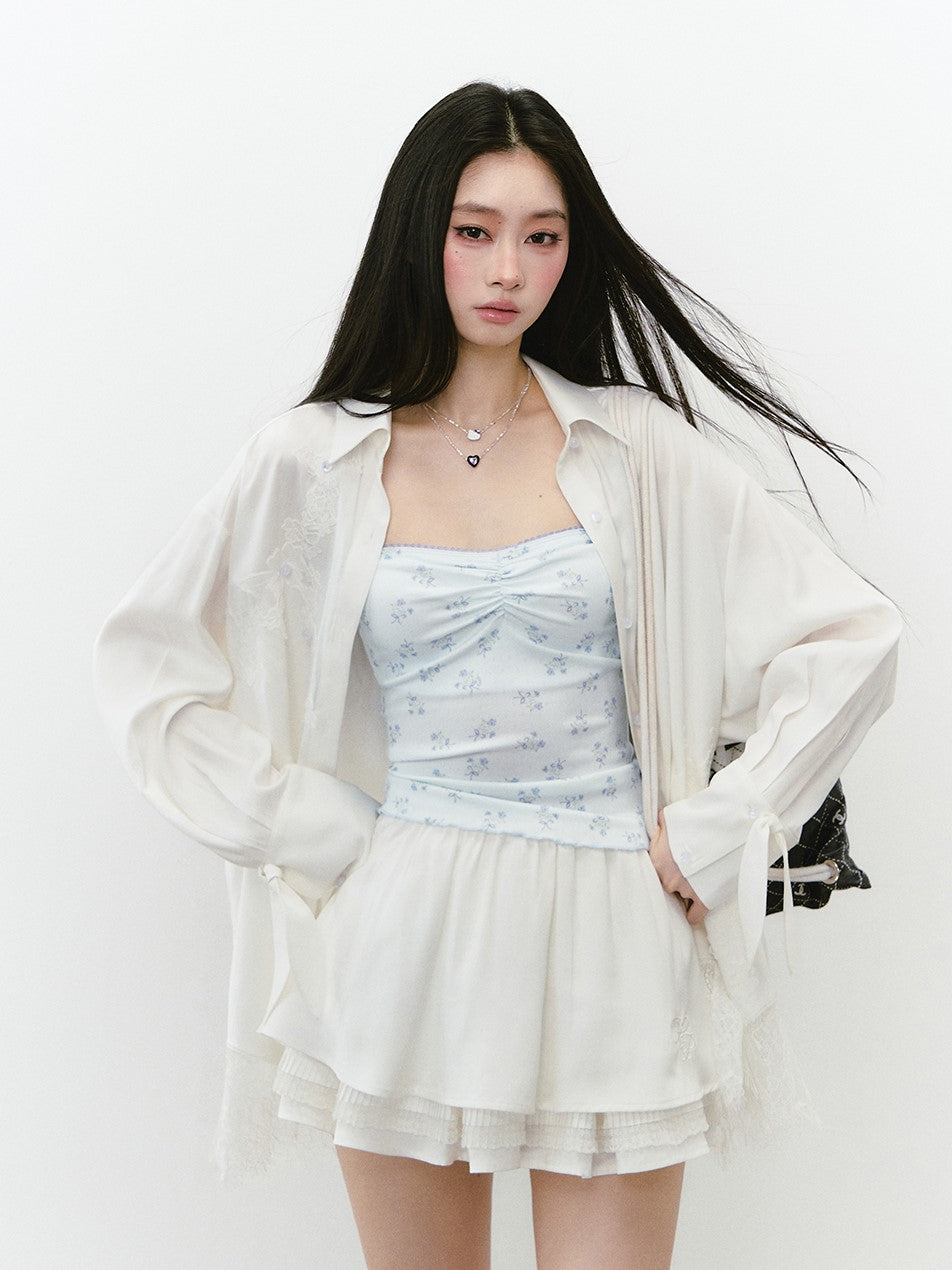 Mesh Lace Stitching Beads Shirt VIA0239
