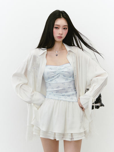 Mesh Lace Stitching Beads Shirt VIA0239