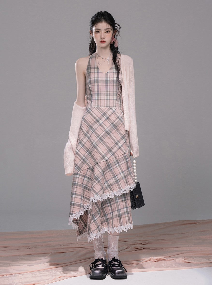Cherry Pink Plaid Halter Neck Dress COT0341